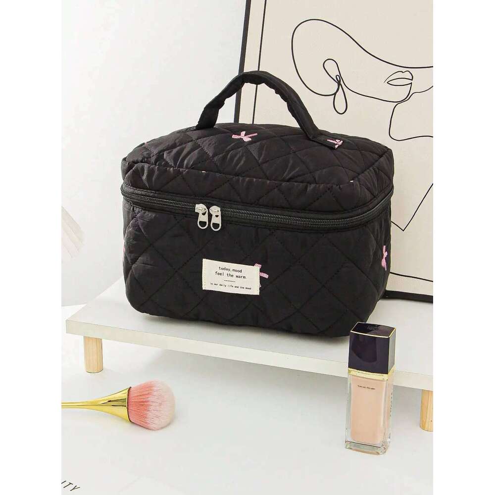 1 piece/set black bow quilted large capacity zipper bag, multifunctional travel storage makeup bag Y260206