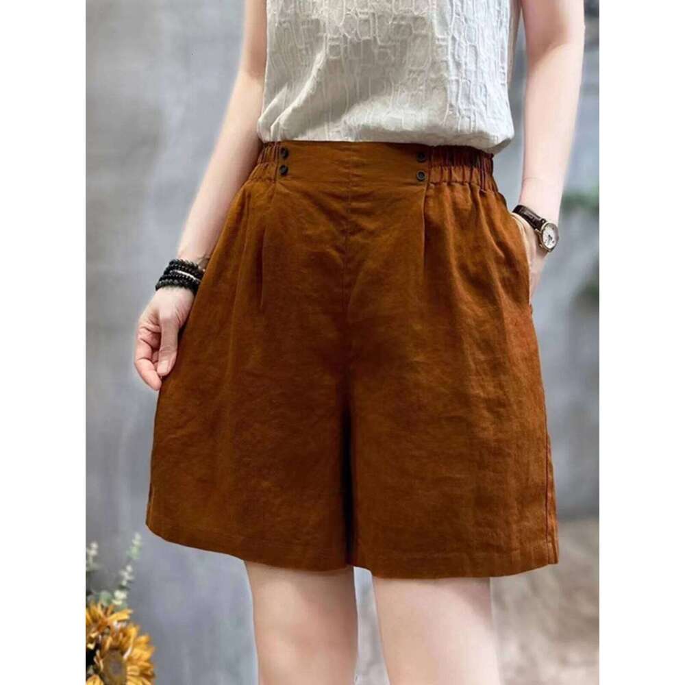 Retro High Waist Pleated Cotton Linen orts Women Summer Thin Loose Slimming Casual Five-Quarter Straight Wide Leg Pants XJ260206
