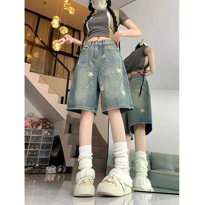 American Style Vintage Women's Short Jeans High Waisted Washed Wide Leg Denim Pants Woman Fashion Do Old Star Knee Length Shorts XJ260206