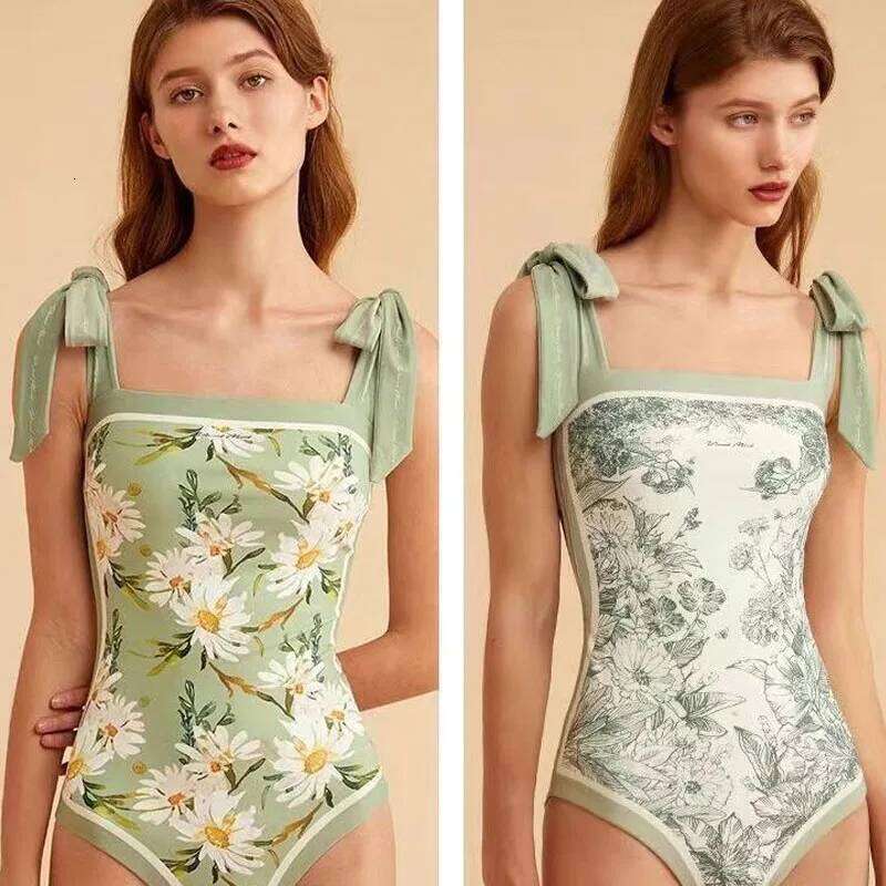 Summer 2023 Sexy Women's Printed Bikinis Set Fashion Slim Bow Spliced Vintage High Waist Swimwear for Female One-Piece Swimsuit Z260206