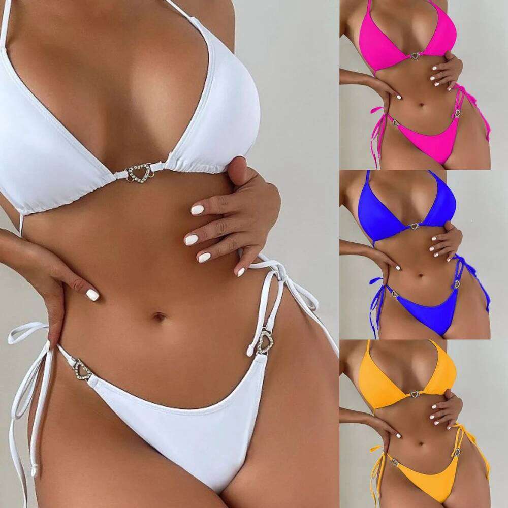Women Solid Bikini with Crystal Heart Front and Waist Sexy Halter Low Waisted Swimwear Blue/White/Yellow/Rose Swimsuit Z260206