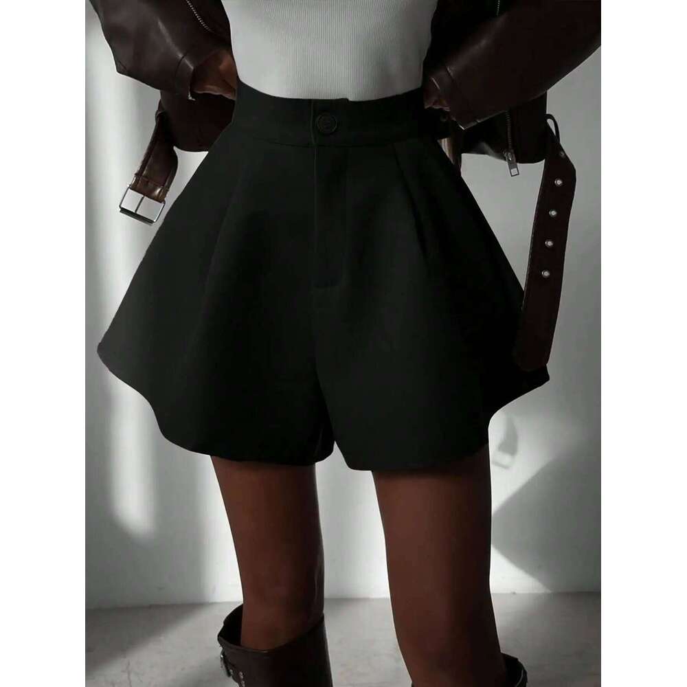 Ladies' autumn clothing solid color black elegant commuting loose fitting A pocket shorts and skirts C260206