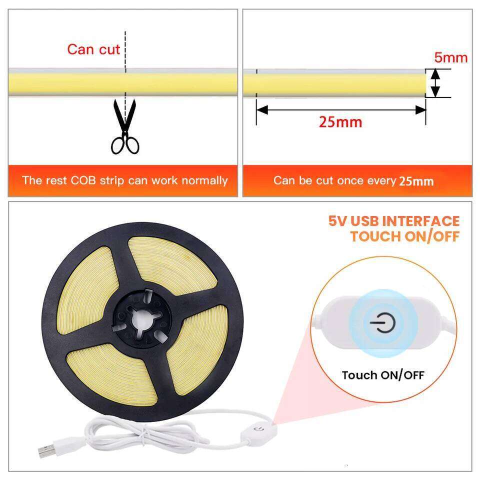 5V USB LED COB Light Strip Touch Dimmer Flexible Diode Tape 5mm 320Leds/m Linear Ribbon Indoor Lighting DIY TV Mirror Backlight Z260206