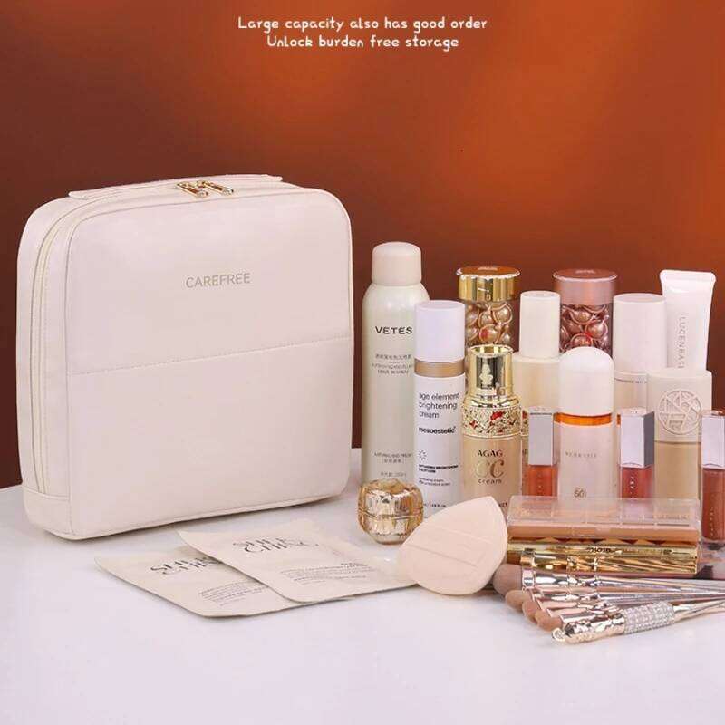 Portable Waterproof Cosmetic Bag Women Stylish Cream Color Makeup Case with Zipper, Transparent Mesh Compartment for Travel Y260206