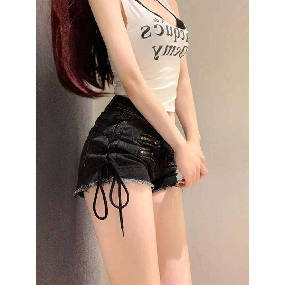 women's rough edge zipper strap ripped denim y2k black hot pants jean shorts H260206