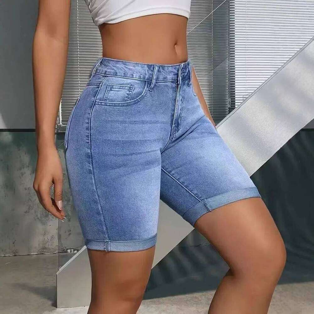 Bleached Jeans Shorts Denim Women Jean High Waist Spliced Pockets Washed Solid Vintage Basics Zipper Fly Skinny Summer C260206