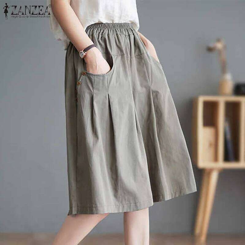 ZANZEA 2025 Summer Women Solid Half Shorts Fashion Elastic Waisted Button Short Pants Casual Pocket Overalls Korean Bottoms XJ260206