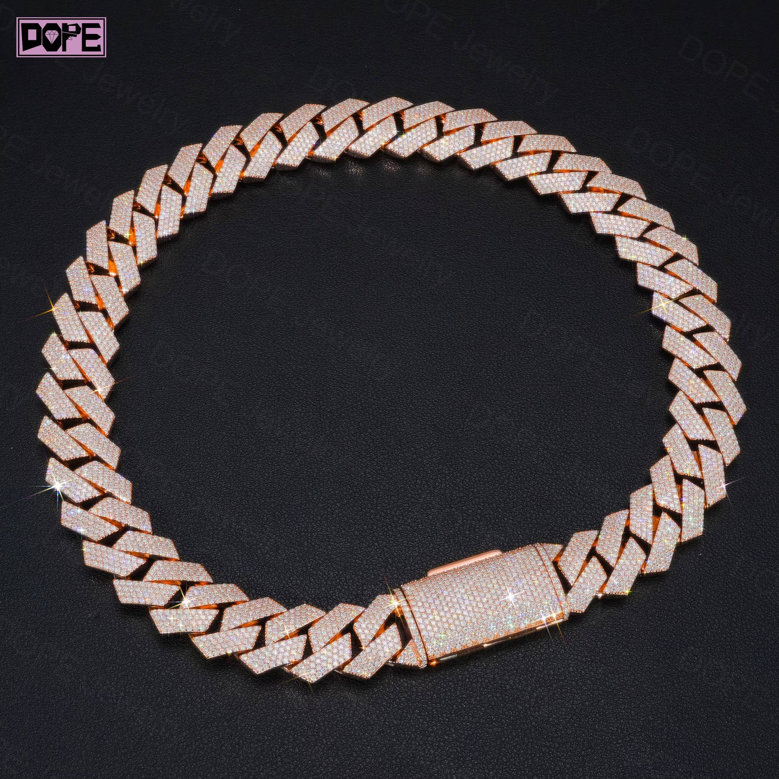Hip Hop 20mm Cuban Link Chain 925 Silver Rose Gold Plated Iced Out Thick Bust Down Moissanite Cuban Chain