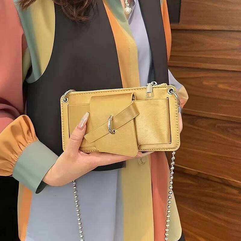 Bead Chain Women's PU Mobile Phone Crossbody For Daily Commute Office Work Solid Color Shoulder Bag Lady Purses Y260205