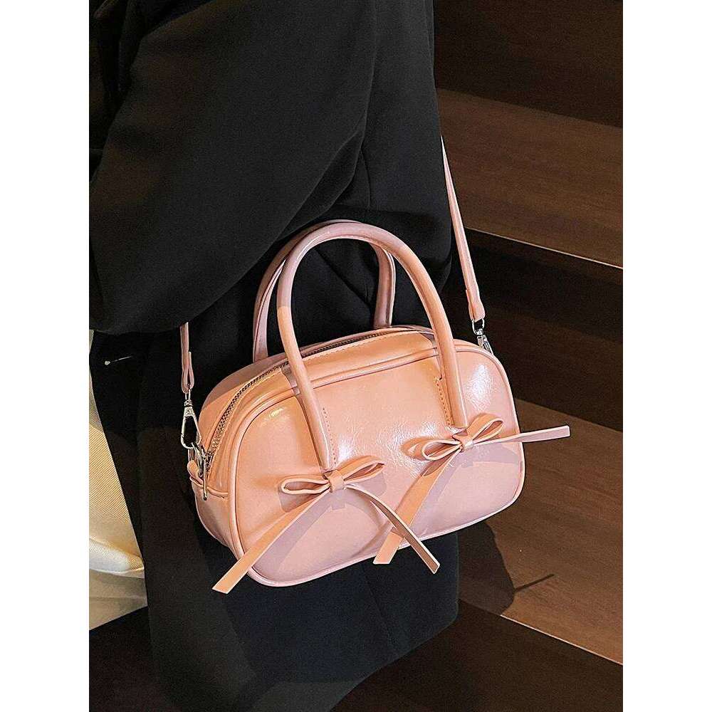 Sweet Bow Zipper Pink Handbag Women Summer New Korean Solid Oil Leather Commute Bowling Bags Fashion Versatile Crossbody Bag Y260205