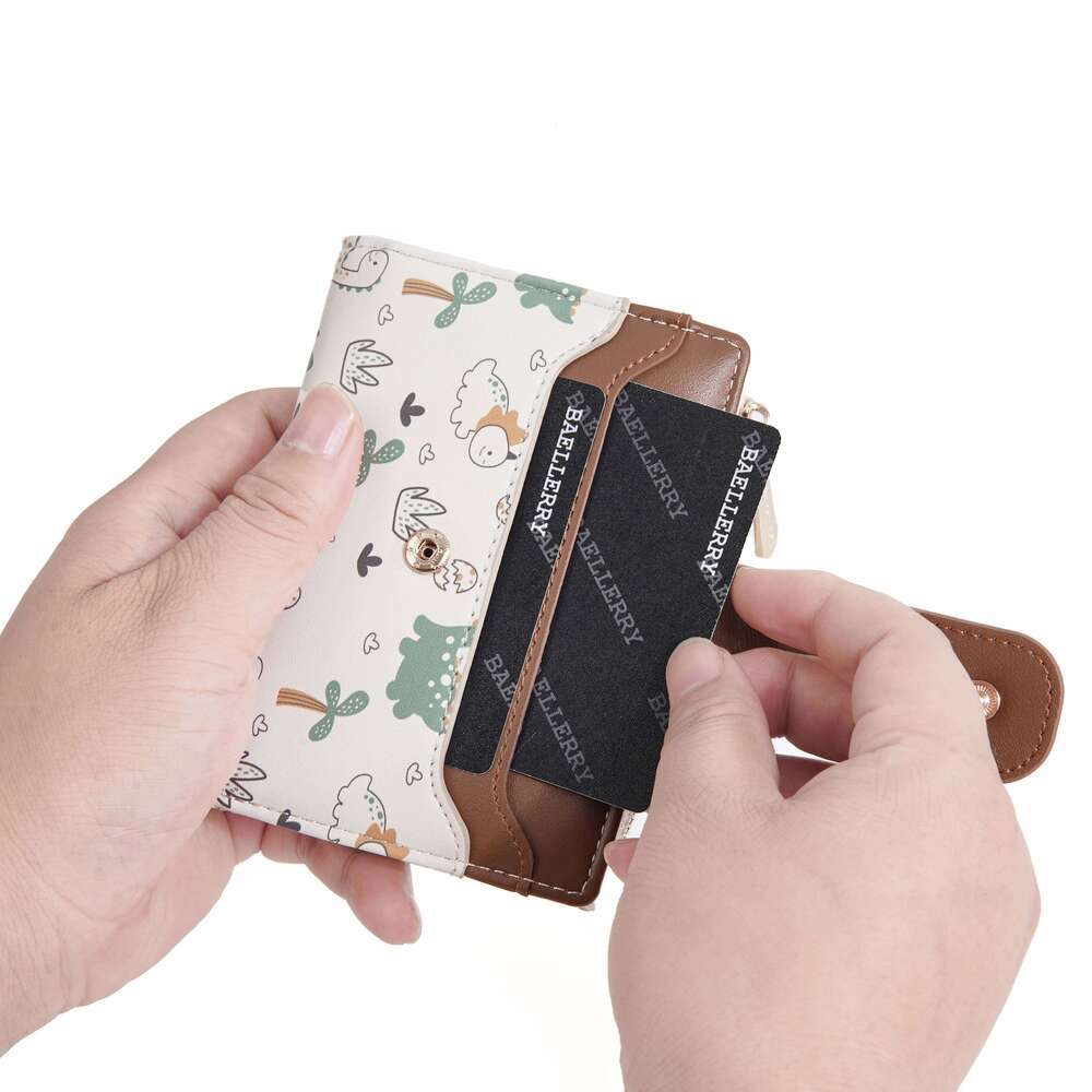 1Pcs Women's Cartoon Dinosaur Animal Print Short Wallet, with Top Zipper Coin Pocket and Snap Button, Multi-Card Slot Fashion Wallet Y260206