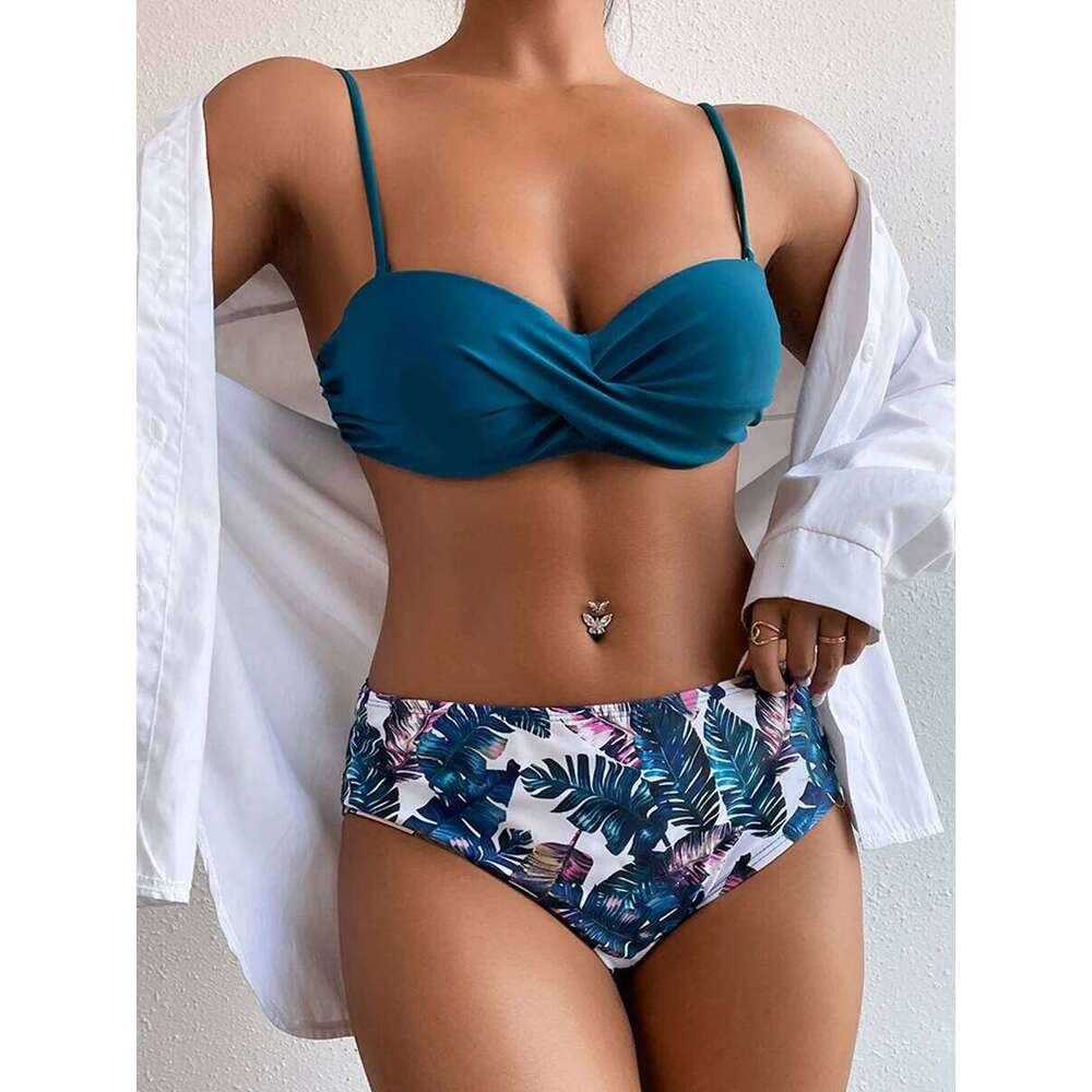 2025 Bandeau Swimsuit Women High Waist Bikini Printed Swimwear Female Padded Bathers Bathing Swimming Swim Suit Beachwear Z260206