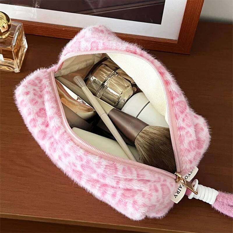 Soft Leopard Print Makeup with Handle Large Capacity Pink Tote Cosmetic Bag Portable Travel Pencil Organizer for Women Girl Y260206