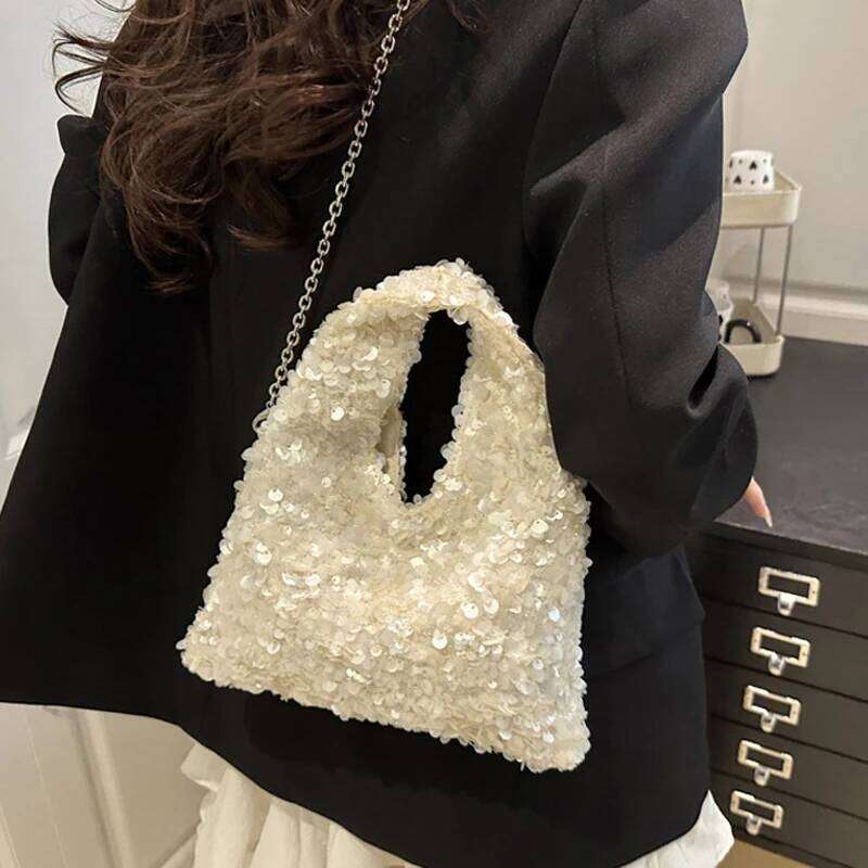 Luxury Exquisite Shining Sequins Evening Women's Sparking Pleated Handbag Fashion Chains Party Banquet Single Shoulder Bag Y260205