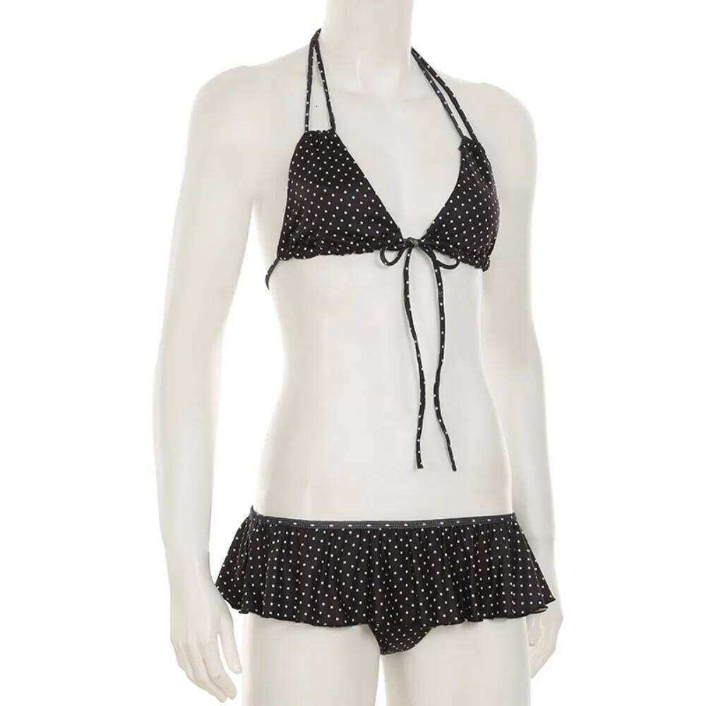 Fashion Ruffled Bikini Suit Slim Fit Lace Up Swimwear Set Deep-V Halter Neck Polka Dot Swimsuit Beach Z260206