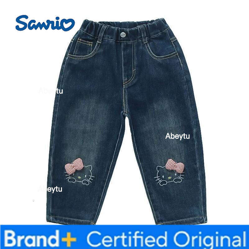 Sanrio Spring Autumn Girls Denim Pants Fashion Cartoon Hello Kitty Loose Straight Casual Trousers For 2-8 Years Kids Children Clothes H260206