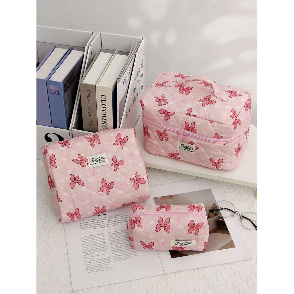 1pc/set pink quilted ribbon bow pattern design, large capacity cute toiletry bag, travel storage makeup bag Y260206