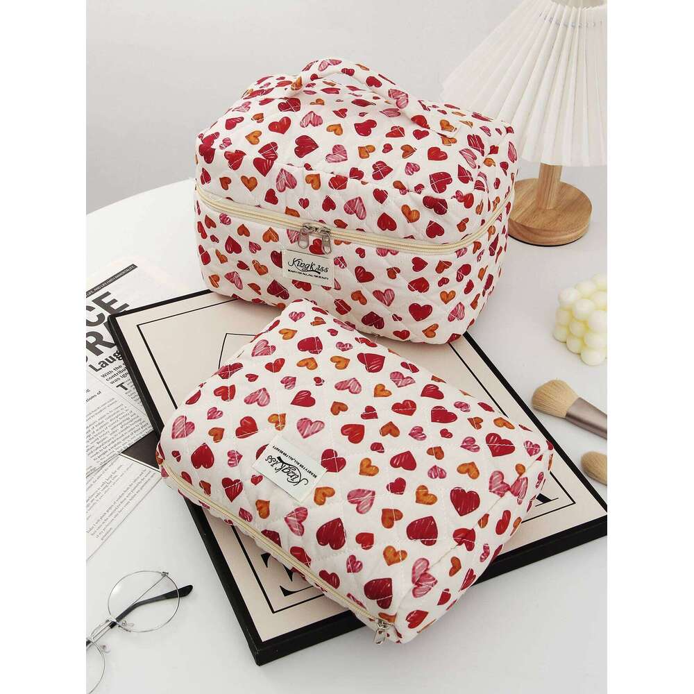 1pc/set Love Heart Quilted Cute Capacity Makeup Storage Bag, Portable Toiletry Bag Set with Zipper Y260206