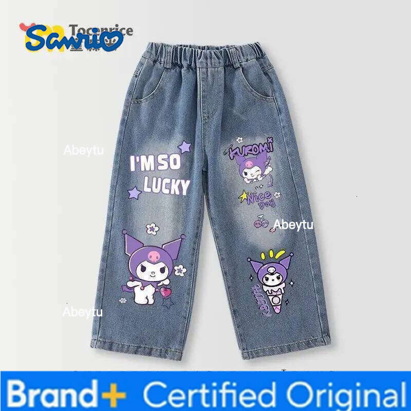 Sanrio My Melody Hello Kitty Kuromi Straight Cut Wide-Leg Jeans Girl Spring, Autumn, and Winter Thicken Pants Children Clothing H260206