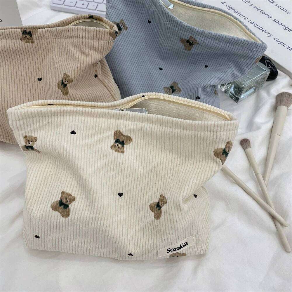 New Corduroy Bear Printed Clutch Cosmetic Large Capacity Pouch Toiletries Bag Travel Outdoor Makeup Storage Y260206