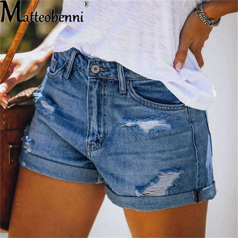 Women Fashion Ripped High Waisted Rolled Denim Vintage Hole Summer Casual Pocket Short Jeans Ladies Hotpants Shorts 2022 XJ260206