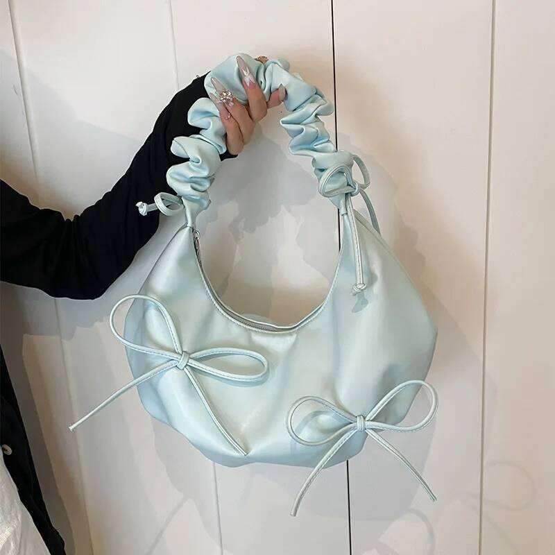 INS Simplicity Korean Sweet Hobo for Student Girl Solid Color Bow Ribbon Shoulder Large Capacity Commuter Storage Bag Y260205