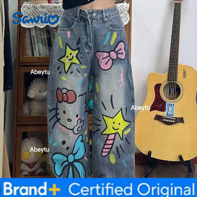 Sanrio American Vintage Hello Kittys Jeans Cartoon s Graffiti Wide Leg Pants Y2K Girls High Waisted Straight Trousers Streetwear H260206