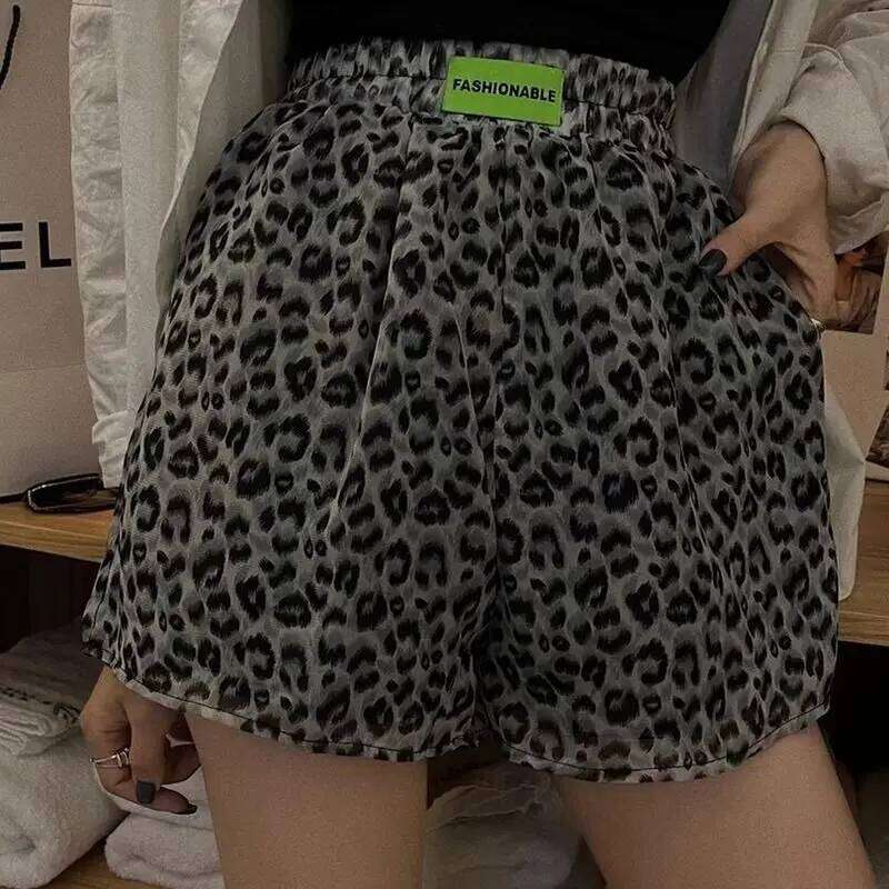 Loose Casual Leopard Print Label Short High Waist Trousers Autumn New Style 2025 Wide Leg Pants Polyester Fiber XJ260206