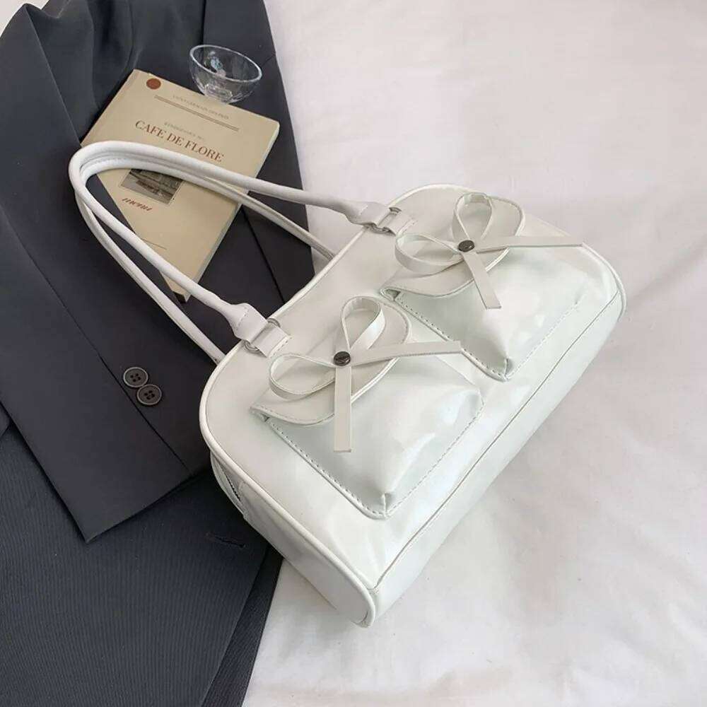 French Style Bow Ribbons Bowling Elegant PU Leather Boston Shoulder Casual Large Capacity Women Handbags Underarm Bag Y260205