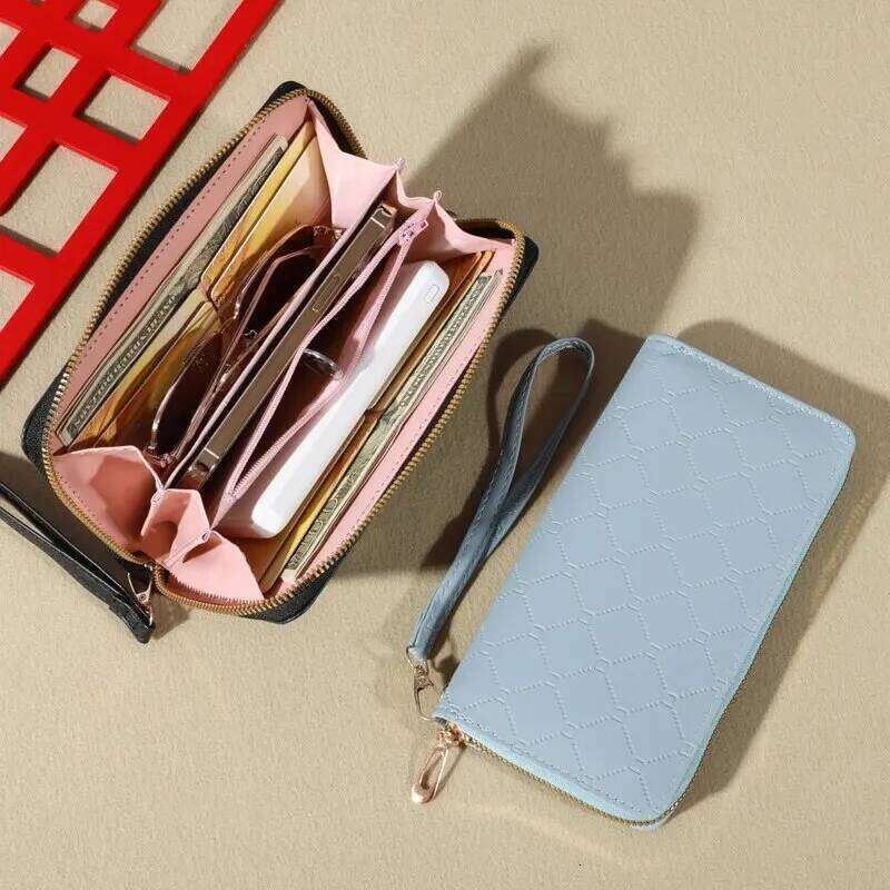 Trendy Solid Color Long Wallet, Zippers Clutch Coin Purse, Women's Faux Leather Card Holder With Wristband Y260206