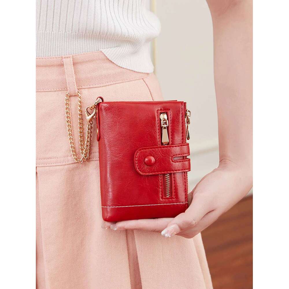 New Women's High Quality PU Leather Short Card Seat with Chain Large Capacity Three Layer Zero Wallet Retro Women'sWallet Y260206