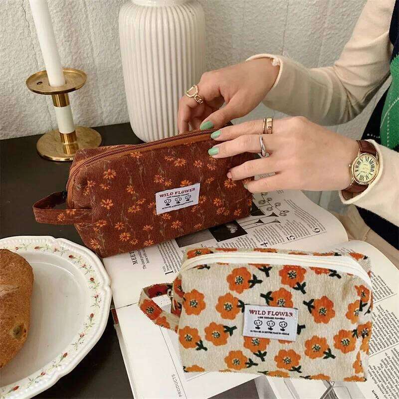 Corduroy Makeup Bags for Women Floral Print Cosmetic Pencil Travel Toiletry Storage Bag Organizer Beauty Case Y260206