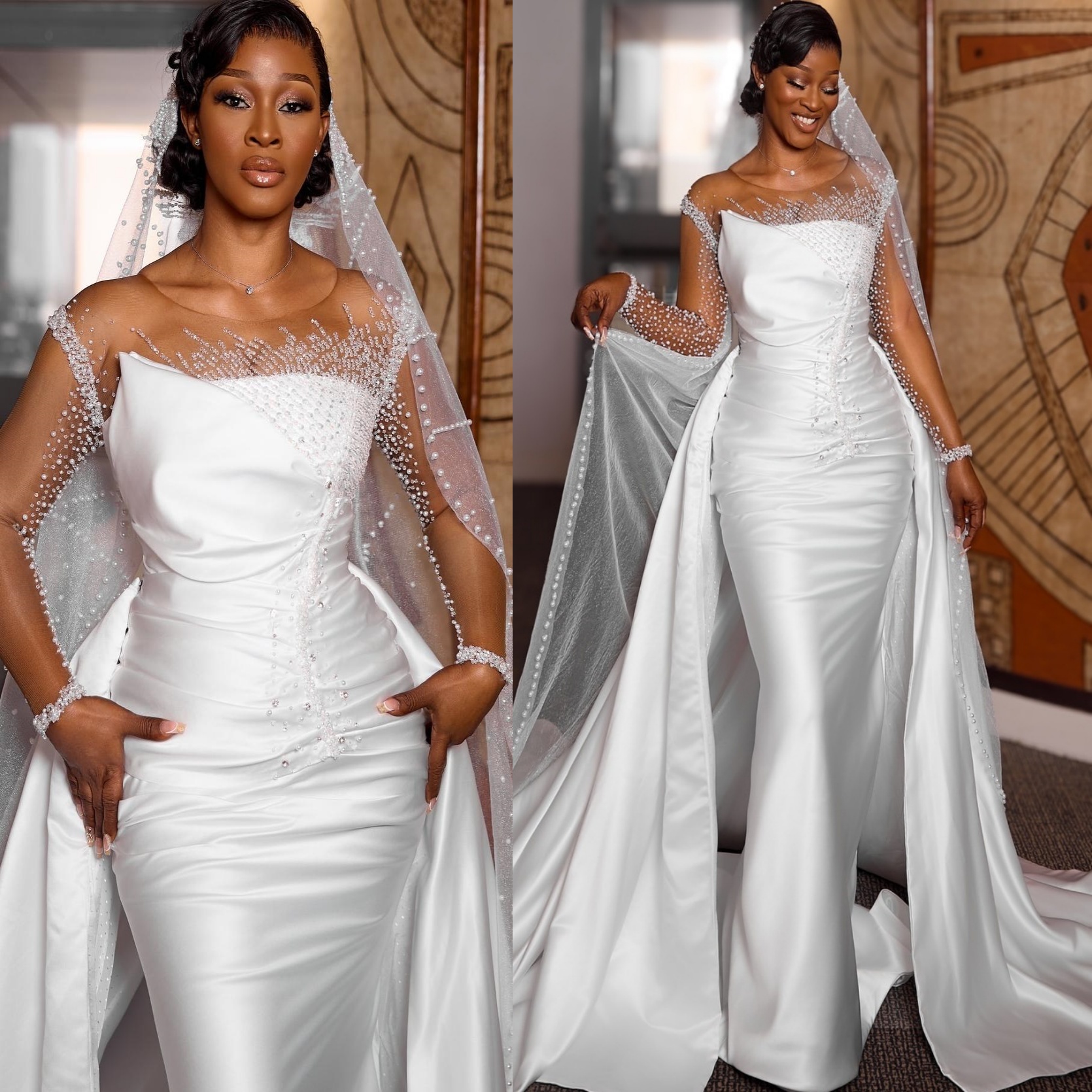 African Aso Ebi 2026 Ivory Mermaid Wedding Dress Beaded Pearls Sheer Neck Satin Detachable Train Full Sleeves Bridal Gowns Dresses ZJ236