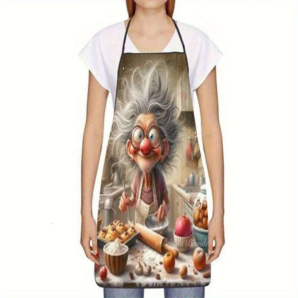 1pc Whimsical Grandma Cooking Print Sleeveless Polyester Colorful Kitchen Baking Apron with Adjustable Neck Strap S260205