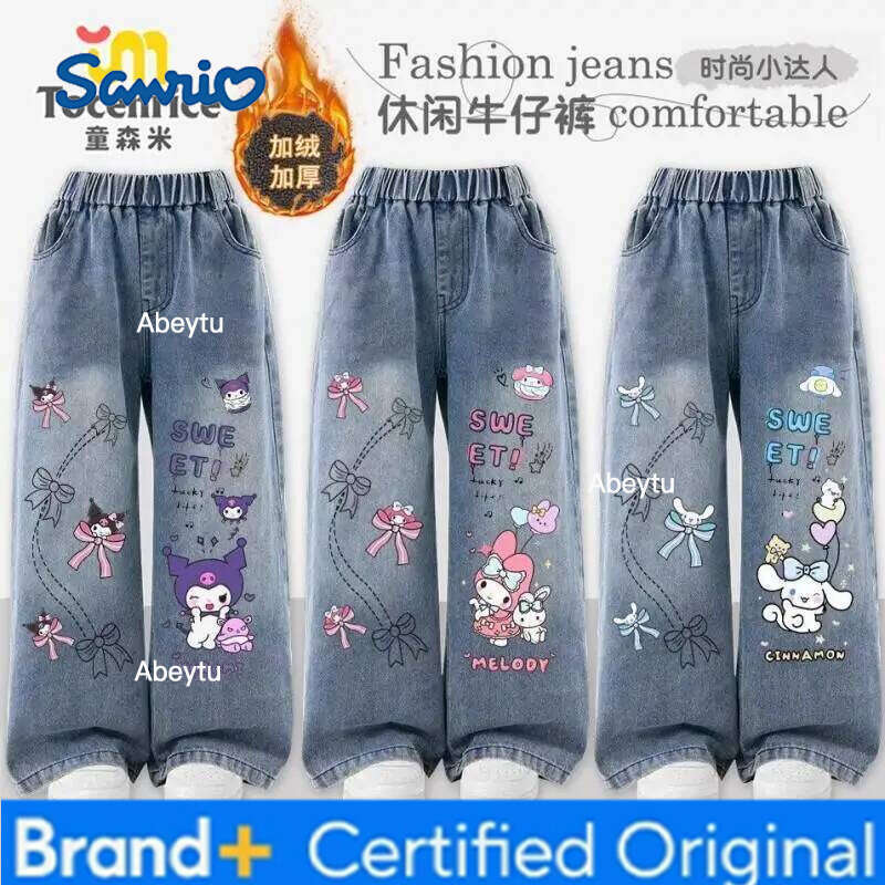Sanrio Hello Kitty Kuromi Cinnamoroll My Melody Girls Jeans Straight Wide Leg Loose Fit Fleece-Lined Spring Autumn Winter Pants H260206