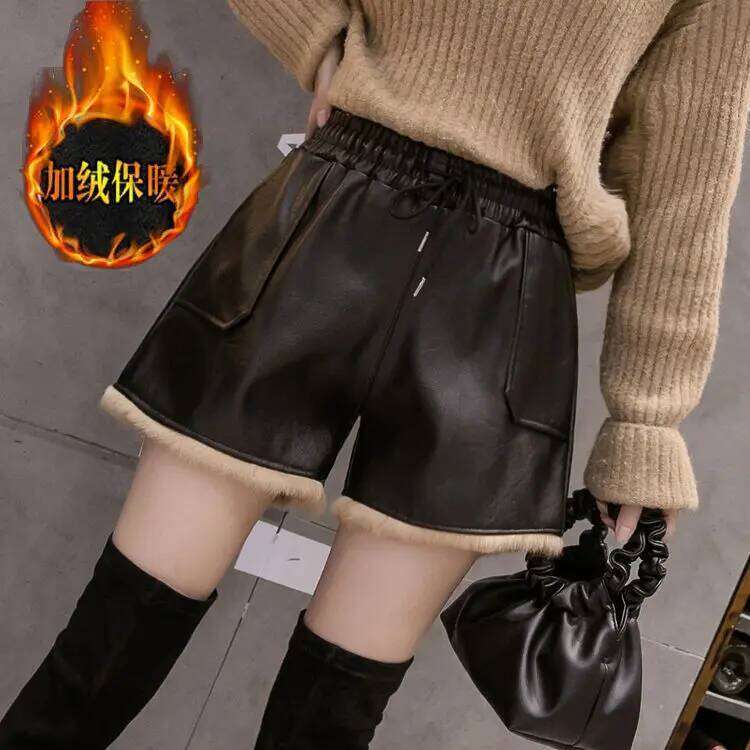 Women's Elastic Fleece Shorts, High Waist, Thick, Warm, PU, Casual, Ladies, Black Boots Pant, New, Autumn, Winter 2024 XJ260206