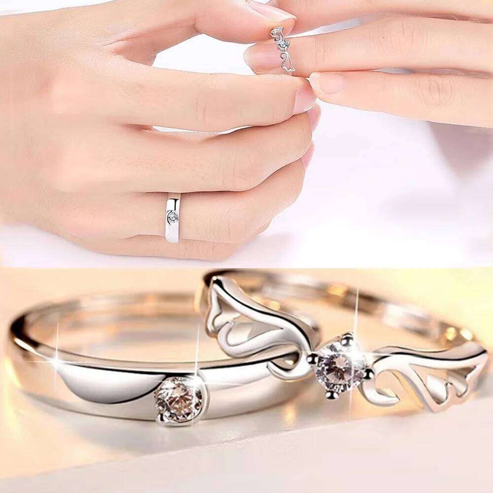 1 Pair Copper Plated Platinum Angel Wing Couple Rings Wedding Finger Jewelry Valentine Day Gift Wholesale Drop Shipping W260206