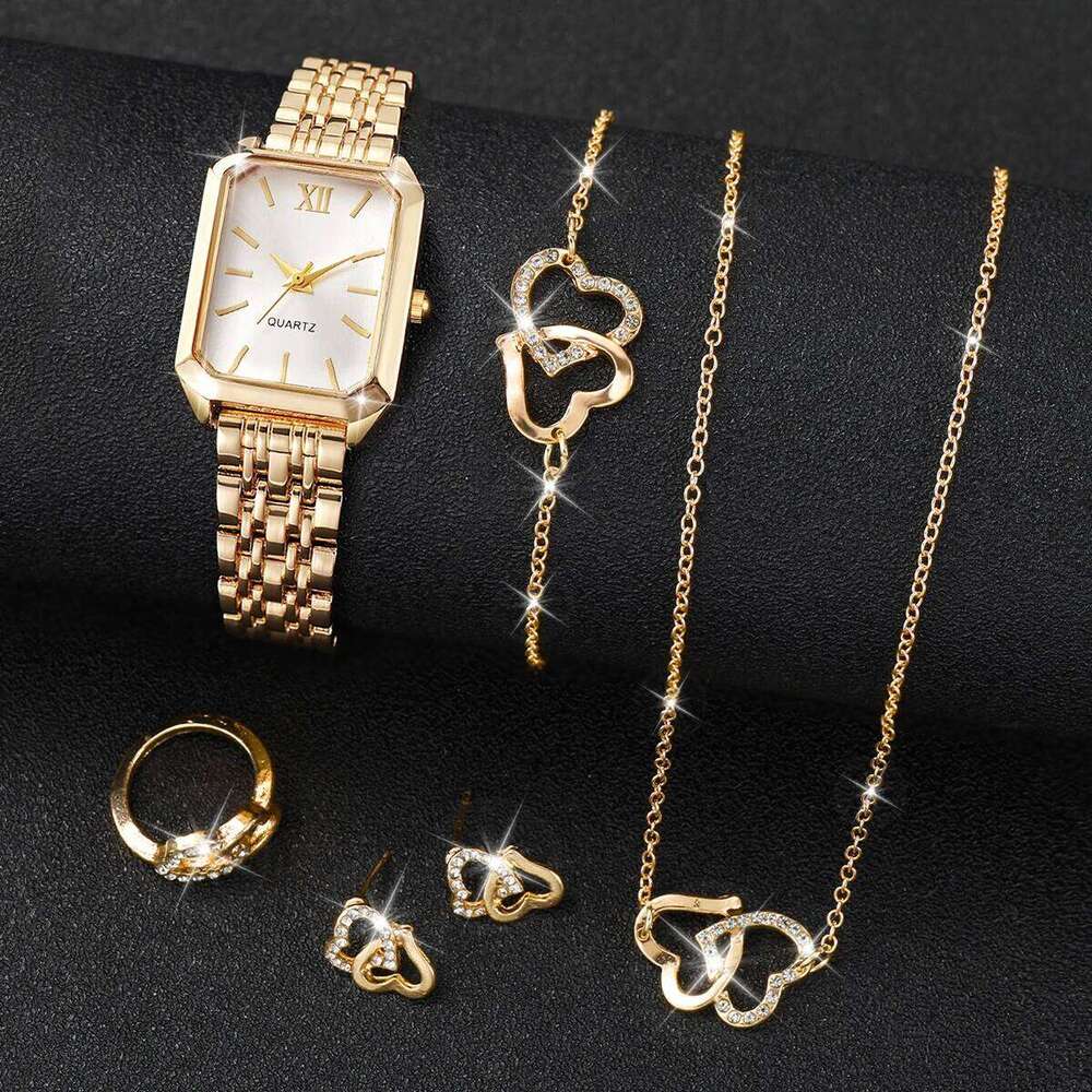 6PCS/Set Fashion Rectangle Women Watches Ladies Roma Dial Analog Quartz Wristwatch Jewelry Set Reloj Mujer Without Box Z260206
