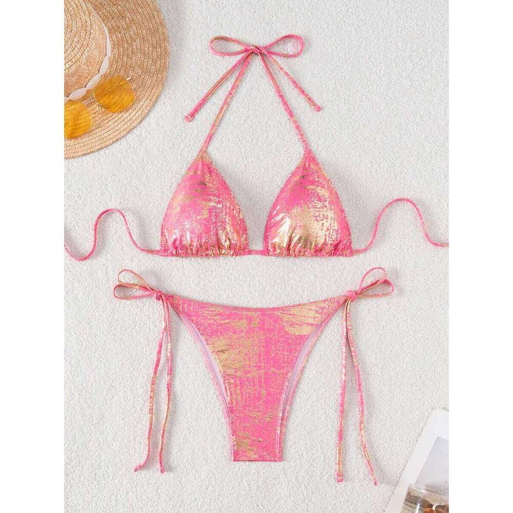 Shiny Glitter Halter Strappy 2025 High Leg Cut Bikinis Female Swimsuit Women Swimwear Two-pieces Bikini Set Bathing Suit XJ260206