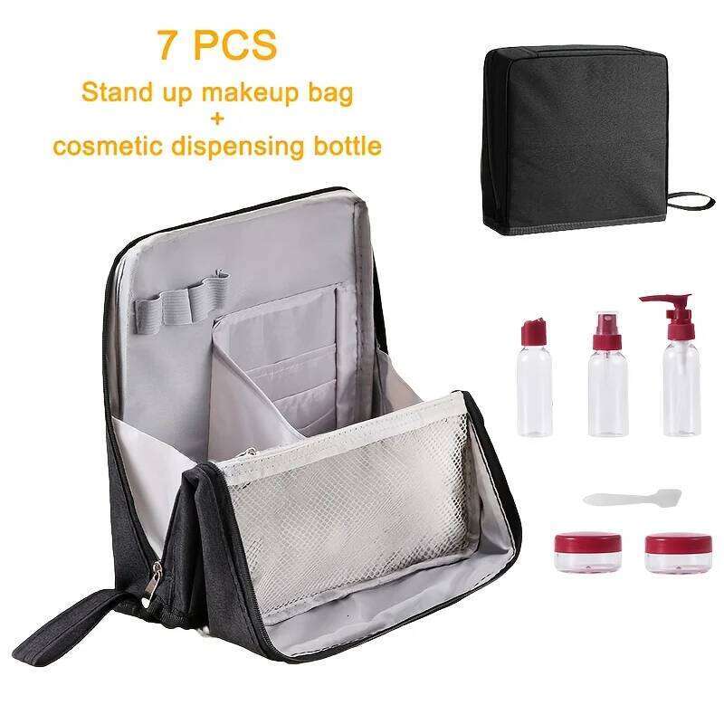 7pcs Standing Makeup Bag Set, Large Capacity Cosmetic & Toiletry Organizer with Bottles, Portable for Travel. Black White Purple Y260206