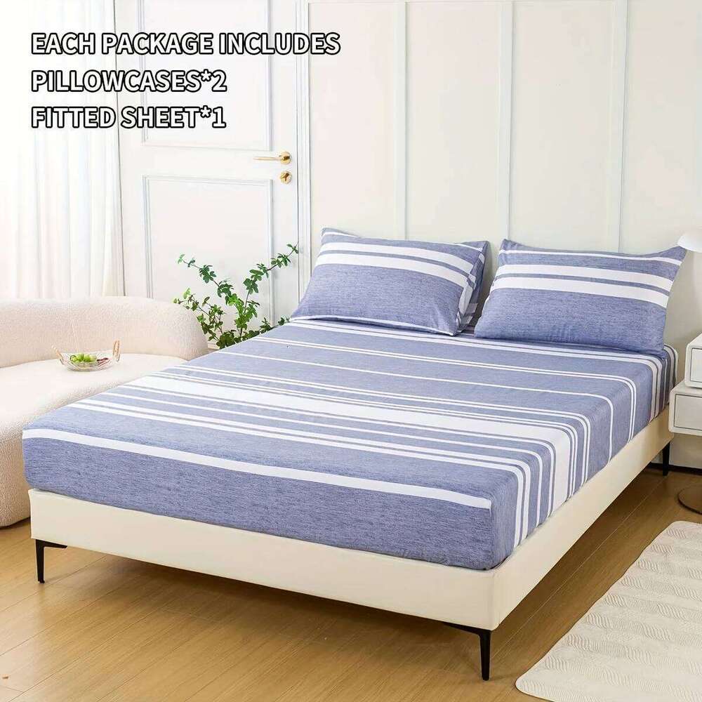3-Piece Striped Set Luxuriously Soft & Breathable Includes 1 Fitted Sheet and 2 Pillowcases for Cozy Sleep Pe XJ260206
