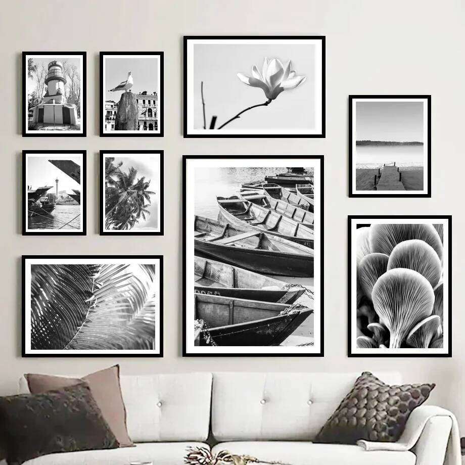 A4 6 7 8inch With Canvas Painting Black And White Beach Mushroom Boat Bird Flowers Wall Art Combination Photo Frame S260205