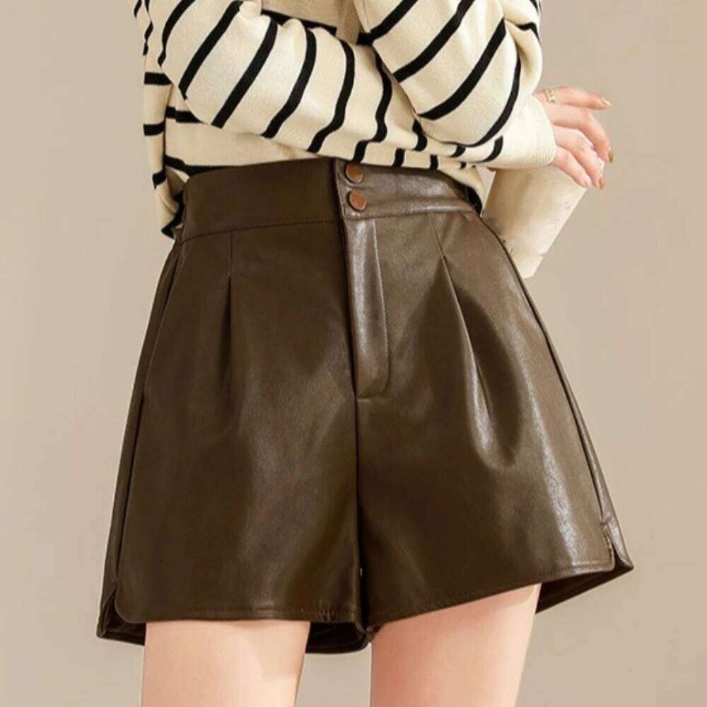Fashion PU High Leather Black Baggy Hot Woman Short Pants Button Loose Elastic Waist Shorts Office XJ260206