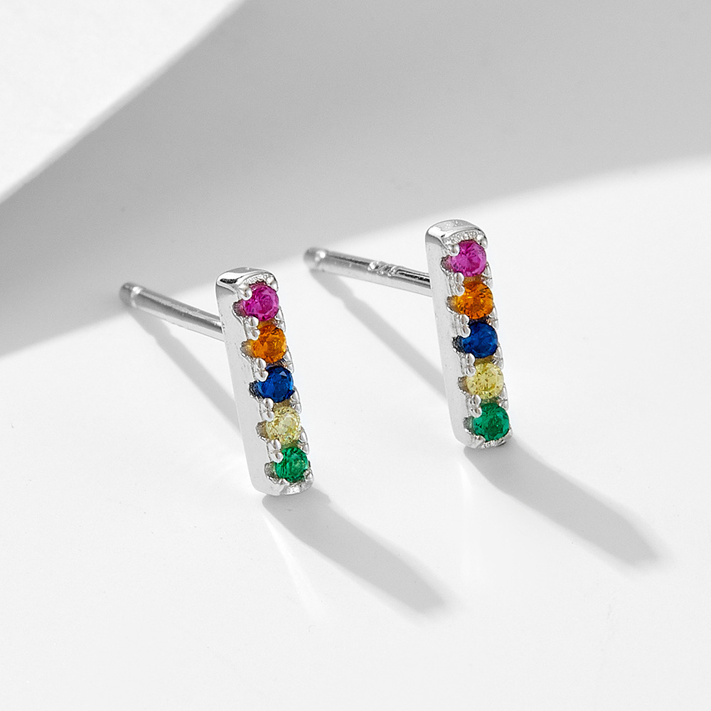 s925 sterling silver linear micro-inlaid colorful zirconia stud style, simple and versatile square bar earrings, small accessories