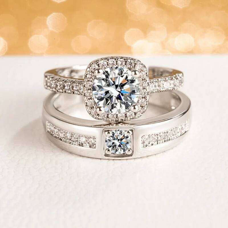 Luxury Geometric Square Zircon Opening Couple Rings for Women Men Exquisite Silver Color Stainless Steel Finger Wedding Jewelry W260206