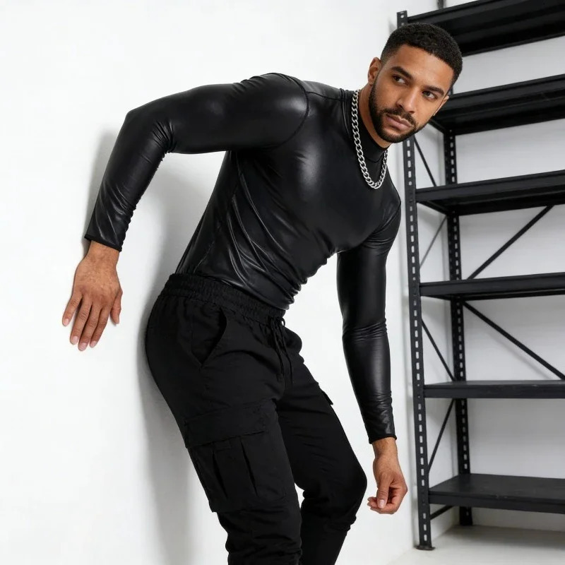 2026 Mens Slim Fit Long Sleeve Casual Leather Shirt 260205