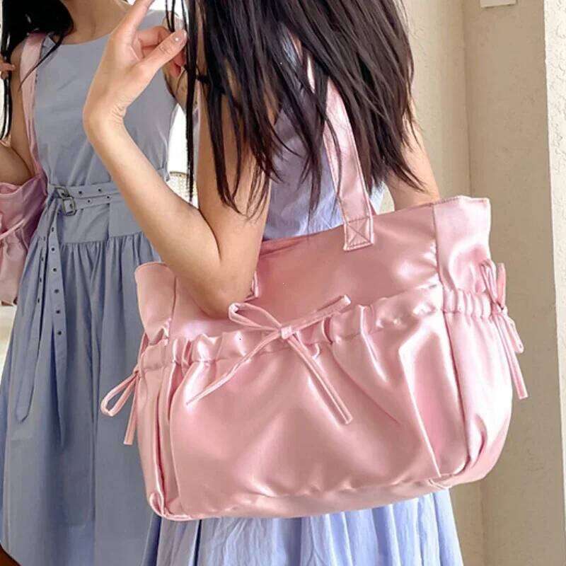 Elegant Bow Womens Shoulder Nylon Pleated Korean Style Fashion Tote Bag Large Capacity Cute Pink Sweet Female Handbag Y260205