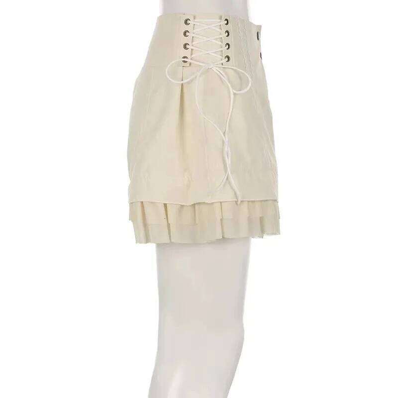 Girls Y2K Lolita Style Cute Sweet Soft Mesh Tiered Ruffle Wide Side Bandage Khaki Shorts Skirt Hot Pants XJ260206
