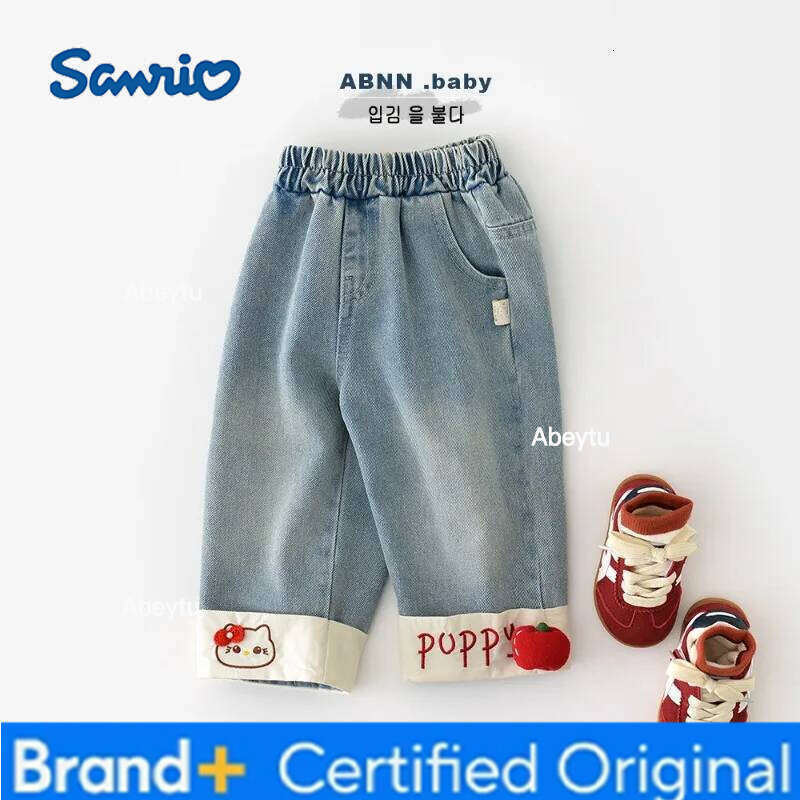 Sanrio Kids Girl Spring Autumn Denim Pants Elastic Waist Wide Leg Jeans with Cartoon Cat Embroidery 3D Apple Casual Trousers C3521 H260206