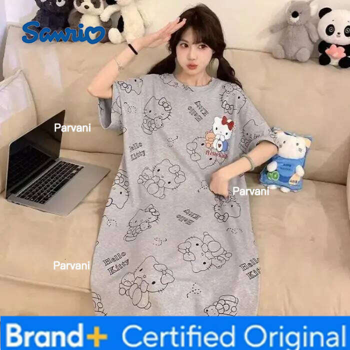 Sanrio Cute Hello Kitty Cartoon Anime Pajama Girl Summer Imitation Cotton Nightgown Can Be Worn Outside Home Clothes Comfortable Dress H260206 - view 5